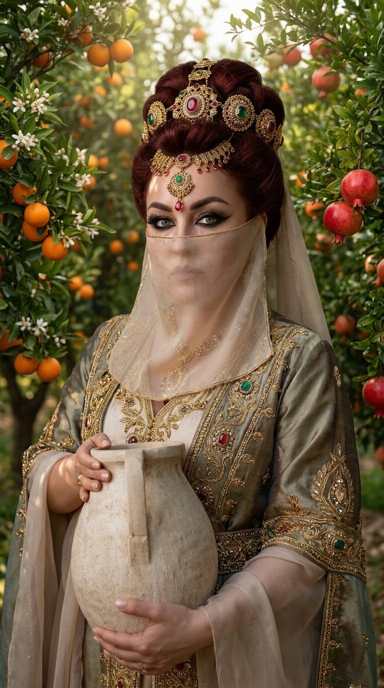 Cinematic photorealistic portrait of a stunning woman with 100% facial likeness, dressed as an opulent Ottoman-era Turkish concubine. Her lower face is delicately veiled with a sheer, semi-transparent silk yashmak, focusing all attention on her intensely 