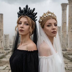 Two women stand sideways to the camera, back to back, arms at their sides, looking directly into the lens, heads tilted back slightly. The frame is at eye level, from the waist up.

Gemini-themed photoshoot.

Makeup: even matte skin tone, neutral smoky br