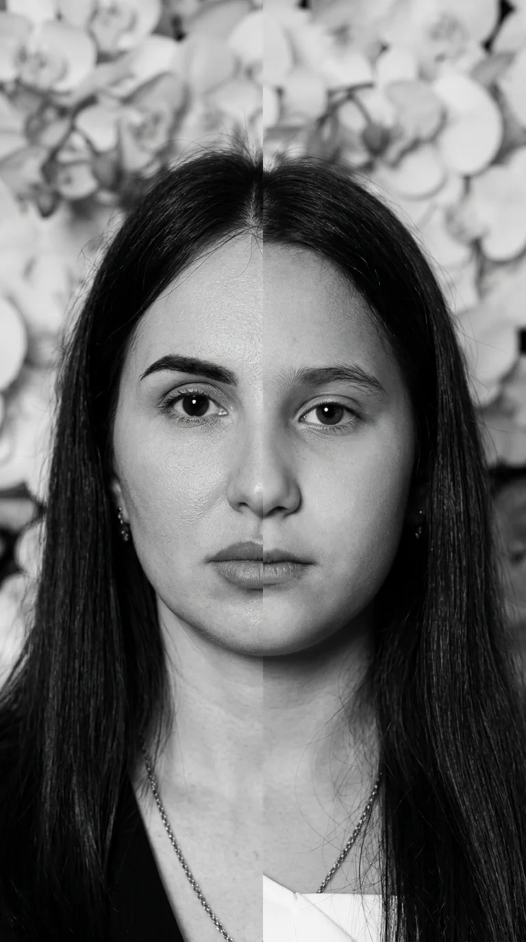 Создай фотореалистичный чёрно-белый портрет-коллаж из двух предоставленных фотографий. Соедини лица девушки и мужчины строго вертикально по центру: левая половина итогового лица — половина лица девушки, правая половина — половина лица мужчины  . Очень важ