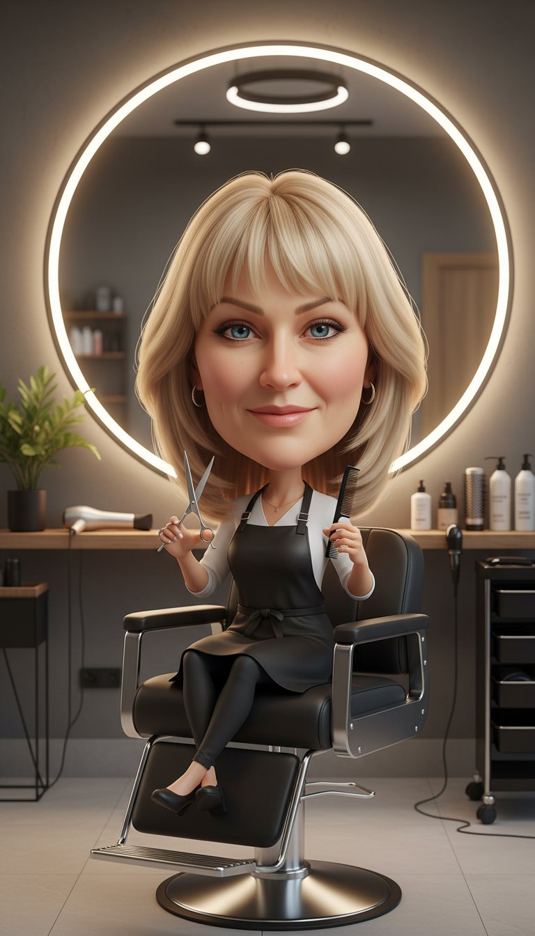 Милая девушка в stylized 3D caricature стиле с крупной головой и реалистичным лицом сидит в современном парикмахерском кресле салона красоты. На ней стильный черный фартук парикмахера, в руках профессиональные ножницы и расческа. Рядом находятся фен, щетк