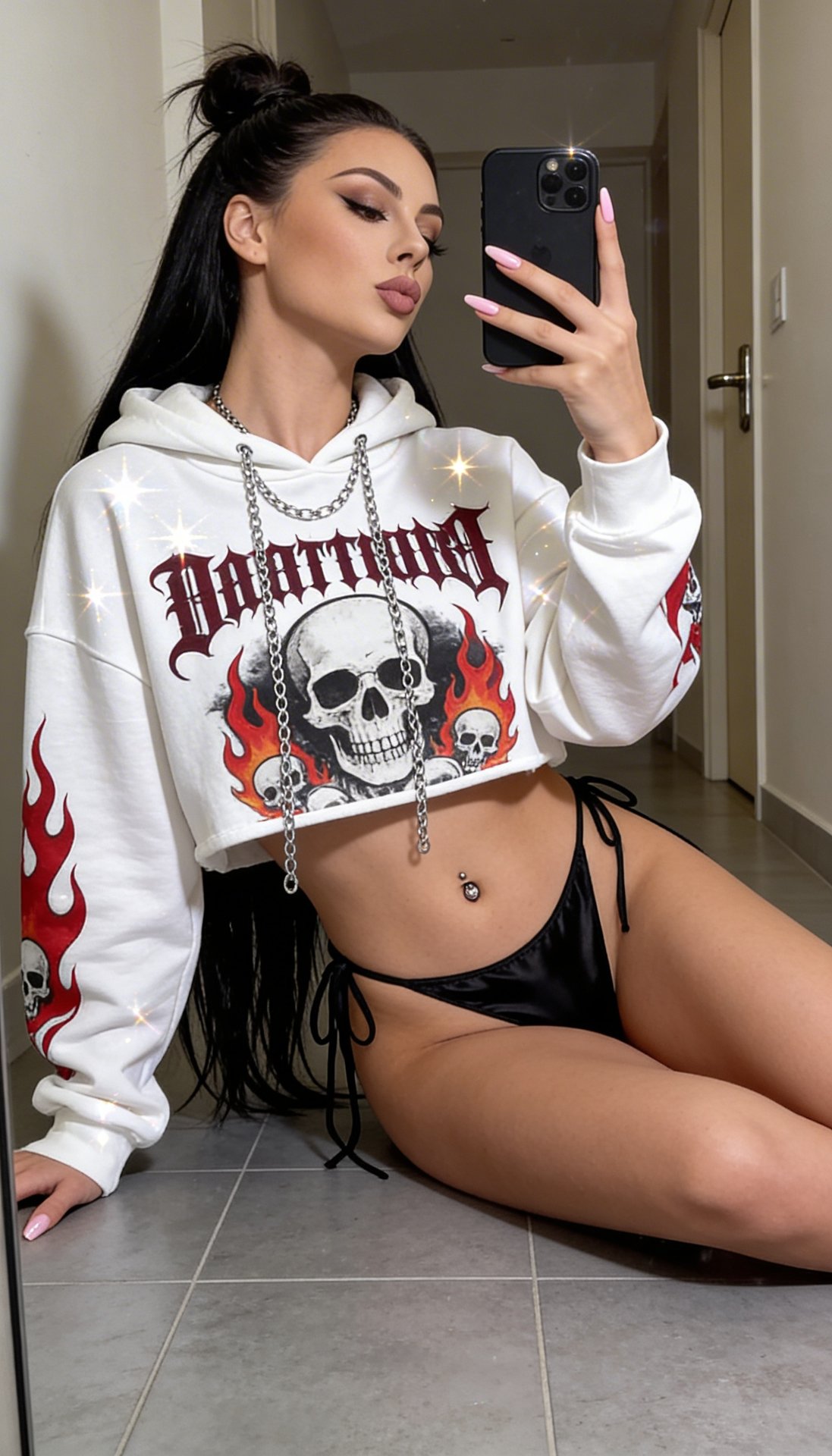 A girl captured in a casual yet glamorous mirror selfie while sitting on a grey tiled floor, shot with a professional camera lens feel. Her pose is relaxed and leaning back: her right arm is extended straight down, palm resting on the floor to support her