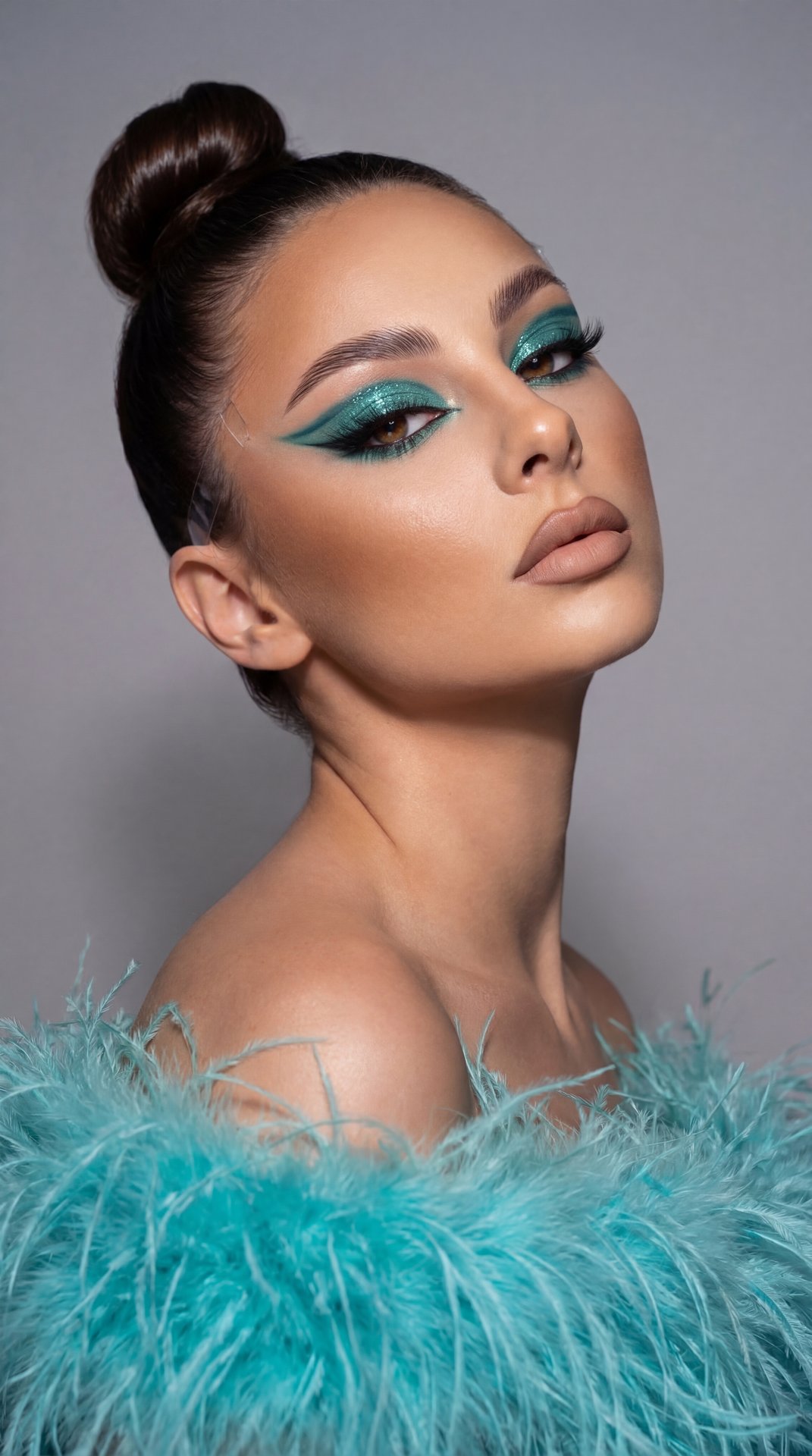 A girl captured in a high-end beauty editorial close-up portrait. The shot mimics professional studio photography with high sharpness and detailed skin texture.

Pose and Angle: The image is a tight head-and-shoulders crop. Her head is tilted back and ang