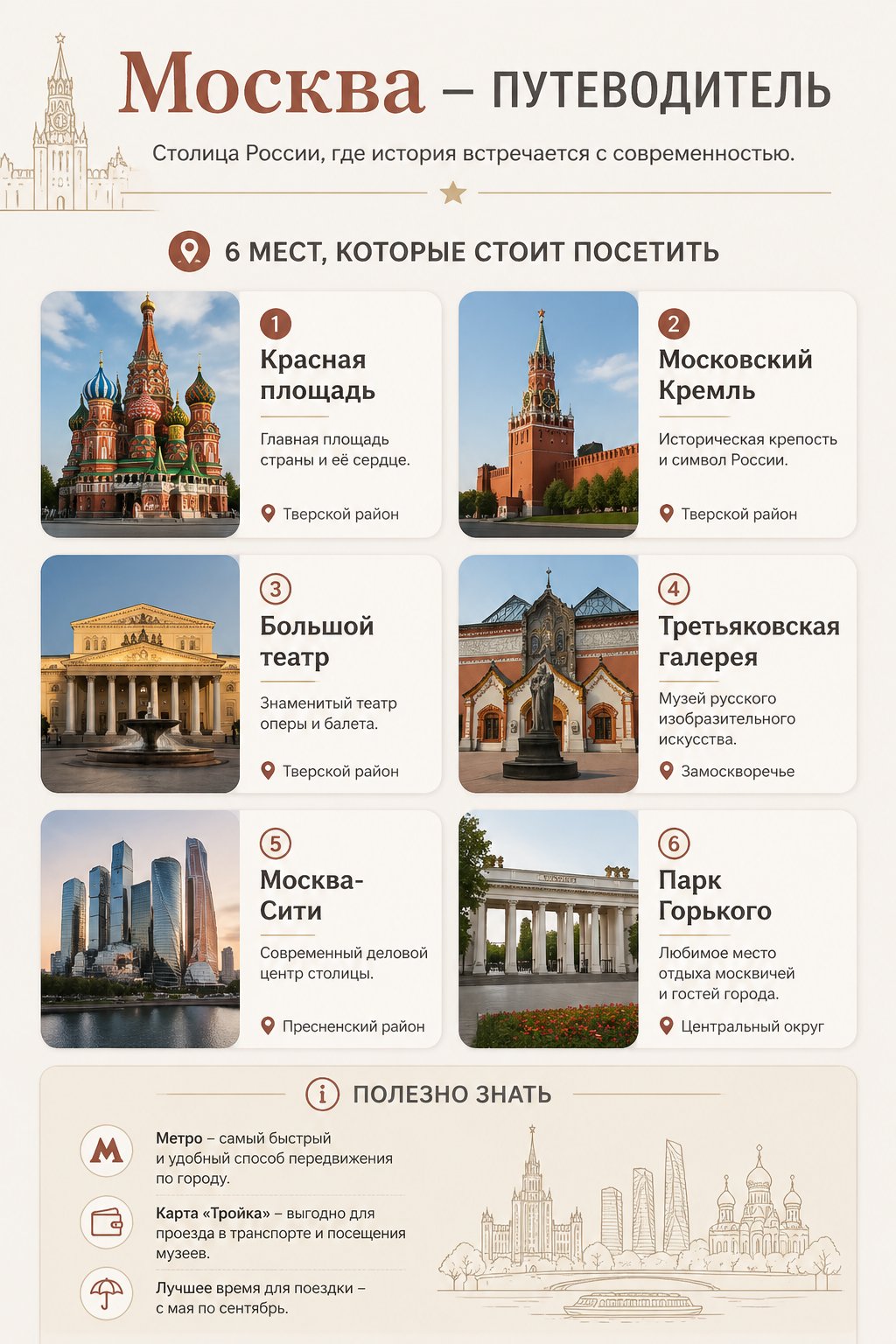 Create a clean vertical travel infographic for [Москва].

All text MUST be written in Russian and placed directly inside the image (not as separate captions).

Style: minimal, modern, aesthetic, Instagram/Pinterest style.

Layout:
— large title at the top