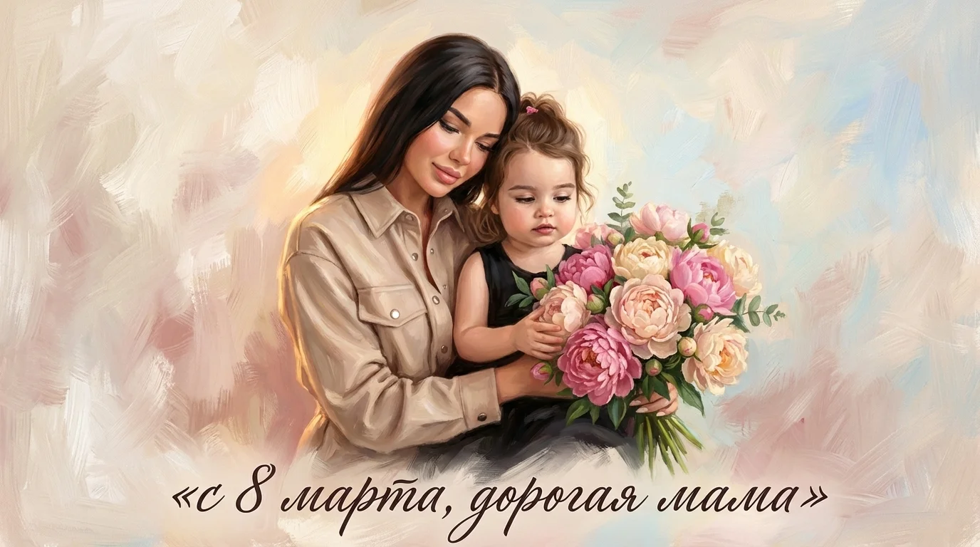 Масляная картина в пастельных тонах, мама и маленькая девочка обнимаются, букет пионов, теплый свет, нежный фон с художественными мазками, женственность, высокая детализация, надпись «с 8 марта, дорогая мама», elegant calligraphy, oil painting style, 4k
Ф