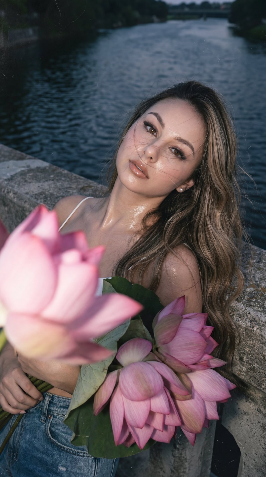 Create image: use the attached image as the main facial reference with high precision while preserving exact facial structure, recognizable identity, facial proportions, skin tone, and natural asymmetry.

A dreamy evening photograph captured beside a calm