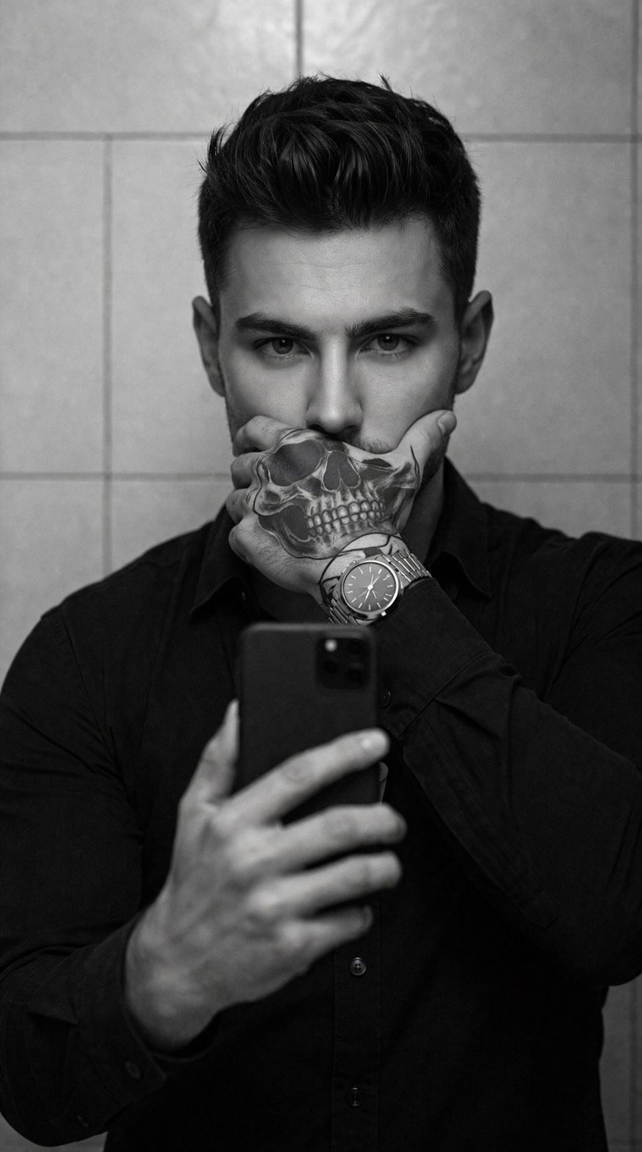 A men in a monochrome, high-contrast mirror selfie, tight medium close-up at eye level, professional-camera look (50mm equivalent, f/1.8, shallow depth, crisp focus, soft directional light), indoors against matte ceramic tiles. Pose: torso facing camera w