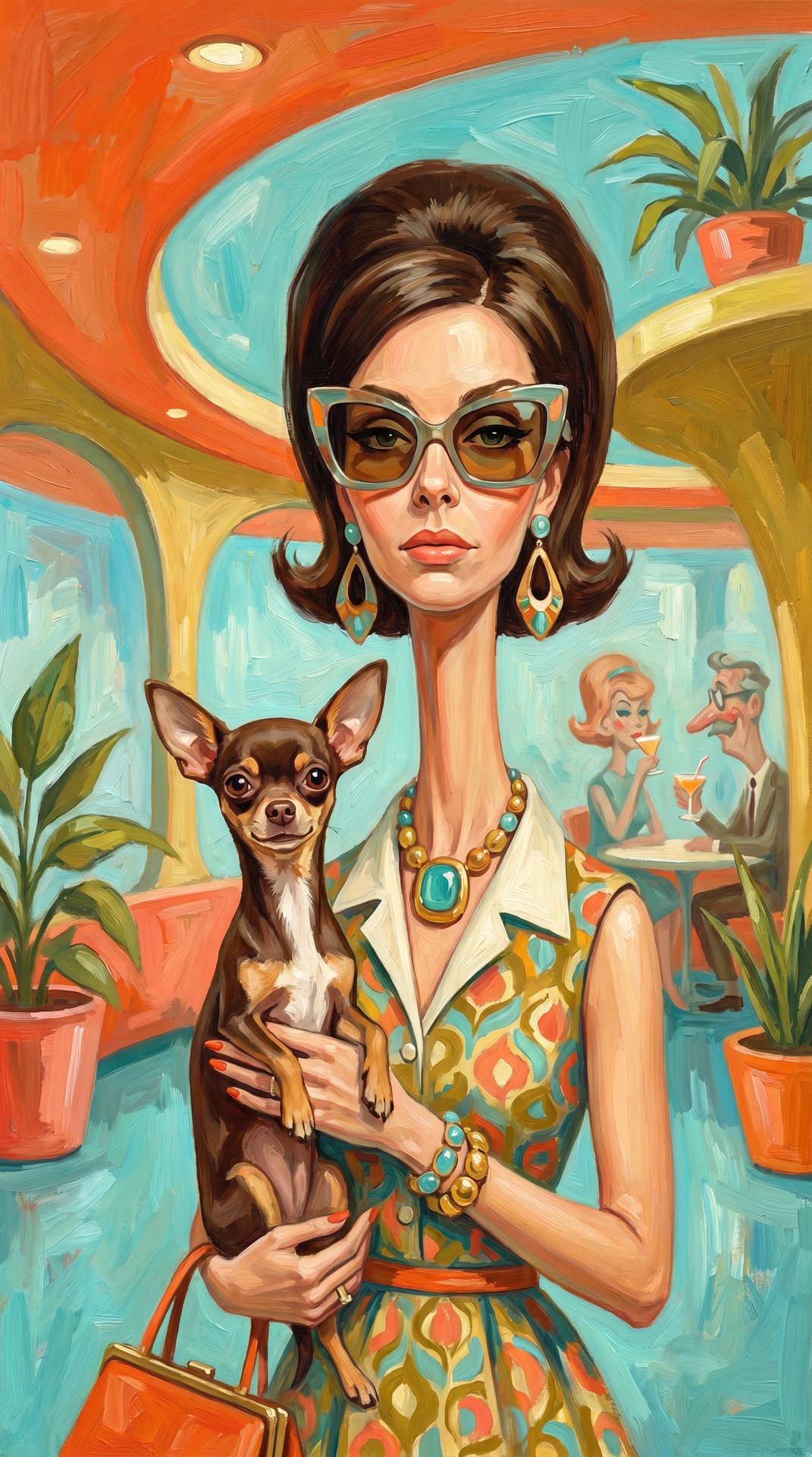 Surreal mid-century editorial illustration of an eccentric version of the person in the photo and a [Animall inside a stylish [Location], elongated proportions, exaggerated narrow faces, deadpan expressions, oversized accessories, bizarre fashionable atmo