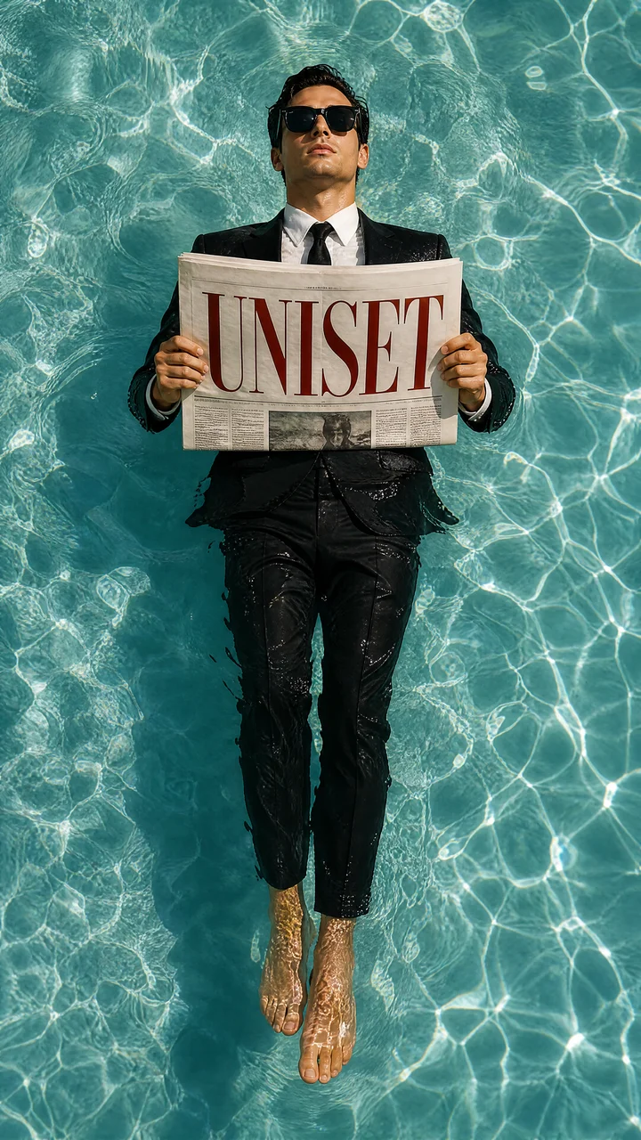 Create a premium cinematic fashion editorial inspired by Tom Ford campaigns, Saint Laurent, Vogue Italia, AMIRI, and luxury magazine photography.
A stylish young business professional floats effortlessly on the surface of a crystal-clear swimming pool w