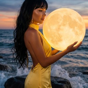 Создай не меняя черты лица.Фотография в полный рост.Женщина с загорелой кожей,в профиль, держащая в руках реалистичную очень большую светящуюся лунную лампу, в элегантном желтом атласном  платье с высоким горлом, и открытой спиной, очень длинные черные  в