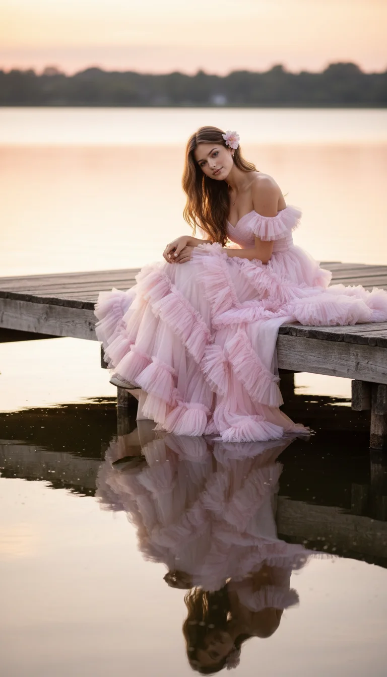 @Débora:High-quality editorial photo (same face as in the uploaded images) of the woman in the picture in a flowing pastel pink off-shoulder gown with ruffled layers. She poses by a quiet lake at golden hour: sitting gracefully on a wooden pier with her r