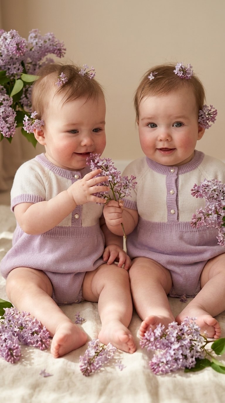 Ultra-realistic professional photo of two identical twin baby girls, 8 months old. They are sitting on a soft cream linen rug, wearing matching beautiful knitted bodysuit dresses in pale lilac and white with tiny pearl buttons. Fresh lilac flowers (syring