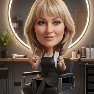 Милая девушка в stylized 3D caricature стиле с крупной головой и реалистичным лицом сидит в современном парикмахерском кресле салона красоты. На ней стильный черный фартук парикмахера, в руках профессиональные ножницы и расческа. Рядом находятся фен, щетк