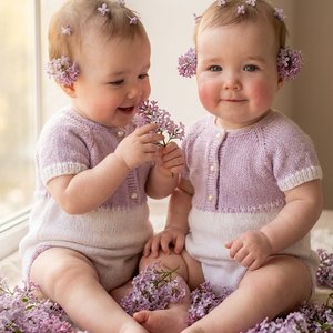 Ultra-realistic professional photo of two identical twin baby girls, 8 months old. They are sitting on a soft cream linen rug, wearing matching beautiful knitted bodysuit dresses in pale lilac and white with tiny pearl buttons. Fresh lilac flowers (syring