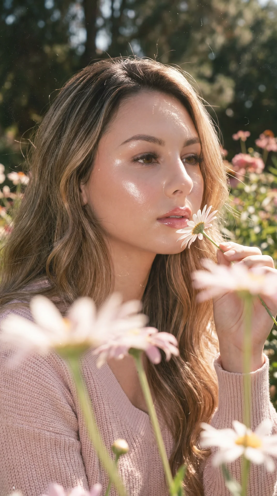 Create image: use the attached image as the main facial reference with high precision while preserving exact facial structure, recognizable identity, facial proportions, skin tone, and natural asymmetry.

A dreamy summer photograph captured inside a sunli