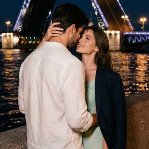 Ночная, атмосферная, интимная фотография пары, стоящей в глубоком, нежном объятии на гранитном парапете набережной. Съемка на уровне глаз или чуть ниже, вертикальная композиция.
Мужчина стоит спиной к камере. На нем белая льняная или хлопковая рубашка с з