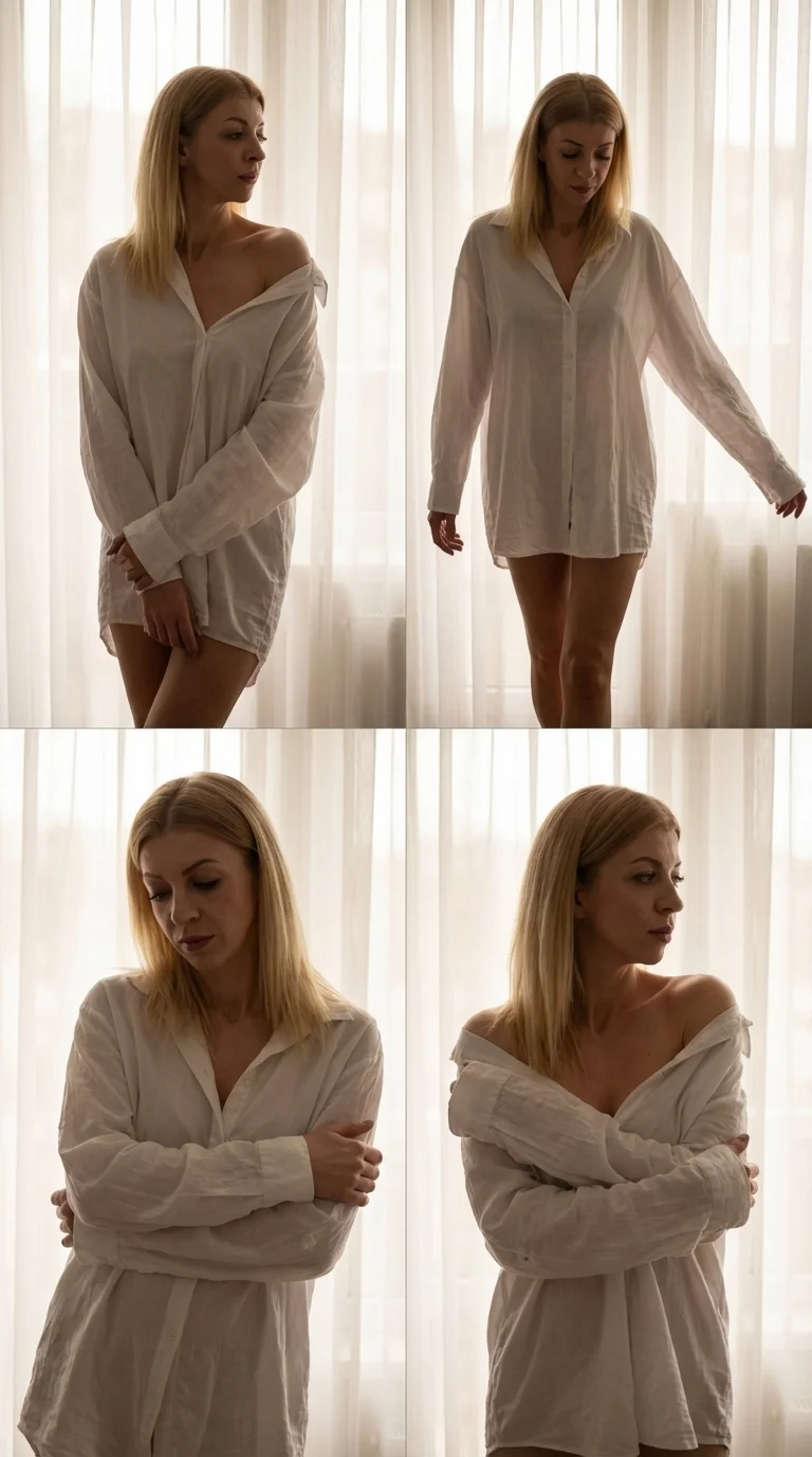 A grid collage of four panels arranged in two rows. The image depicts a woman standing in front of sheer curtains, performing subtle body movements and pose variations, focusing on minimal motion and fabric interaction.

In the first panel, the woman stan