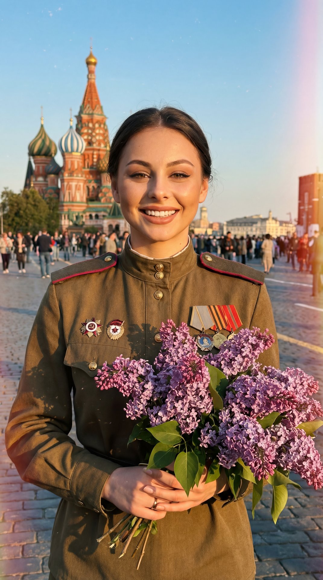 Hyperrealistic portrait of a beautiful young Russian woman in a perfectly tailored WW2 Soviet military uniform, holding a large bouquet of blooming purple lilacs. Standing on Red Square in Moscow, sunny spring day, joyous and triumphant expression. Victor