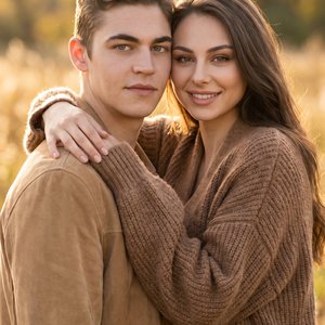 Hyperrealistic, indistinguishable from a real photo, 9:16 vertical. Eye-level, straight-on medium close-up, chest-up framing; heads and shoulders fill the frame. Outdoor meadow at golden hour; warm backlight with soft front fill; shallow depth (f/1.8) for