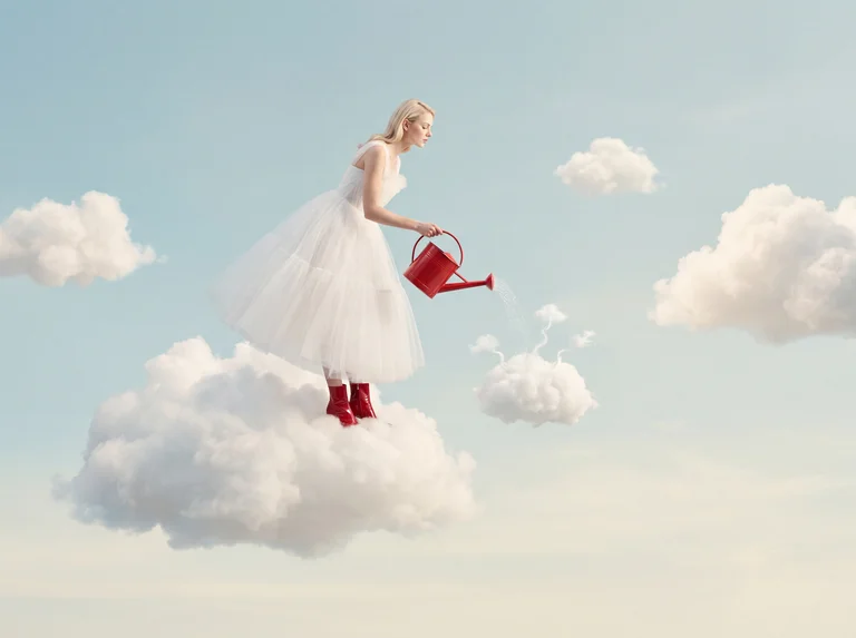 A dreamy surreal fashion editorial of an elegant
