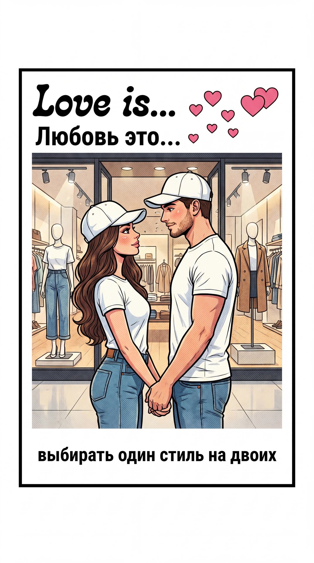 Создай изображение Наклейки в стиле "Love is...". Белый фон, чёрная рамка по всему периметру, сверху крупно "Любовь это...", маленькие розовые сердечки.

В центре мультяшная девушка (с внешностью в точности как на фото 1), карими глазами, с длинными корич