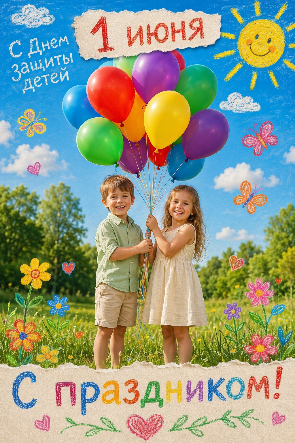 Сделано в GPT image 2

✏️ ✅ PROMPT (для GPT Image 2)

Ultra‑realistic children’s holiday photoshoot combined with colorful crayon illustration overlay, vertical 4:5 composition, bright summer atmosphere, professional DSLR photography, 85mm lens, f/2.8, IS