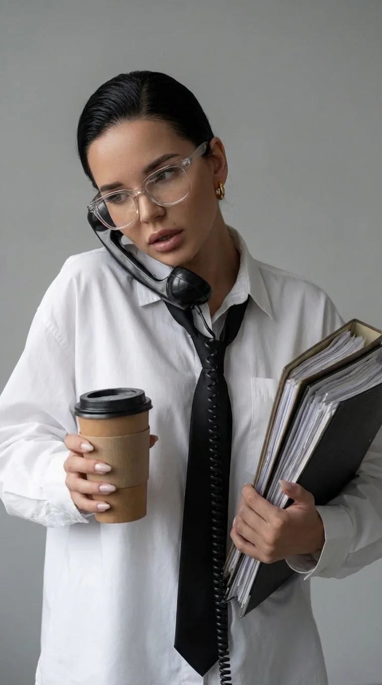 4. A high-fashion studio portrait of a modern businesswoman overwhelmed by work. A stylish woman with slicked-back hair and transparent glasses balances multiple tasks at once: holding thick folders filled with documents, two takeaway coffee cups, and a v
