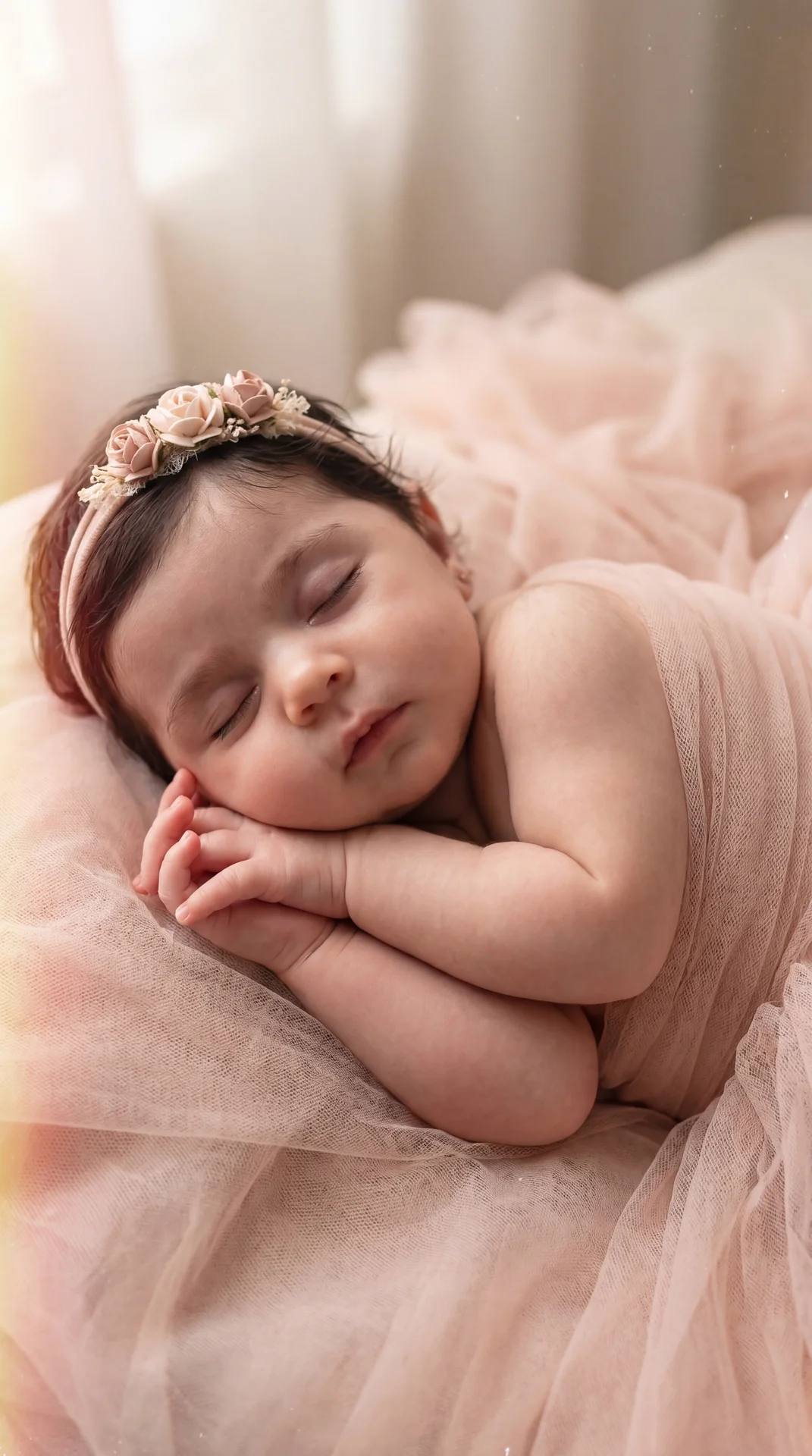 Newborn baby sleeping in an indoor studio, swaddled in sheer blush‑pink tulle; floral headband with small blush roses; lying on side with torso gently curled, head slightly tilted toward camera and a touch to camera right; forearms bent and stacked under 