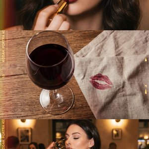 The image is a collage of three vertically arranged photographs, each reflecting moments of elegance and leisure.

1. ** Top image**: A woman applying lipstick in close-up. Her expression is focused as she carefully applies a dark shade of lipstick using 