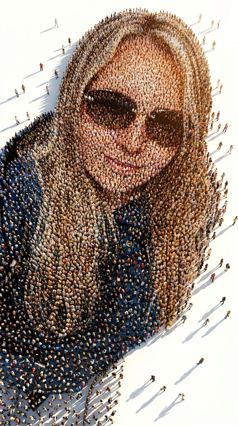 A surreal conceptual digital artwork of a portrait entirely formed by thousands of tiny human figures standing closely together. The crowd seamlessly shapes the subject's face, hair, neck, and shoulders, with individual people visible in different clothin
