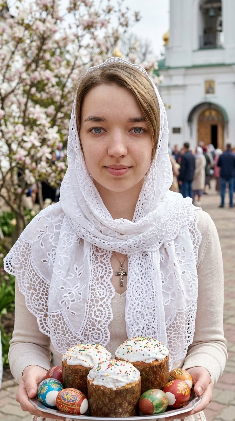 Точное воспроизведение внешности с загруженной фотографии: форма лица, особенности глаз, носа, губ, цвет волос темно русый, идентичная структура лица, максимальное сходство. Фотореалистичный портрет по пояс, женщина стоит на фоне православной церкви в пас