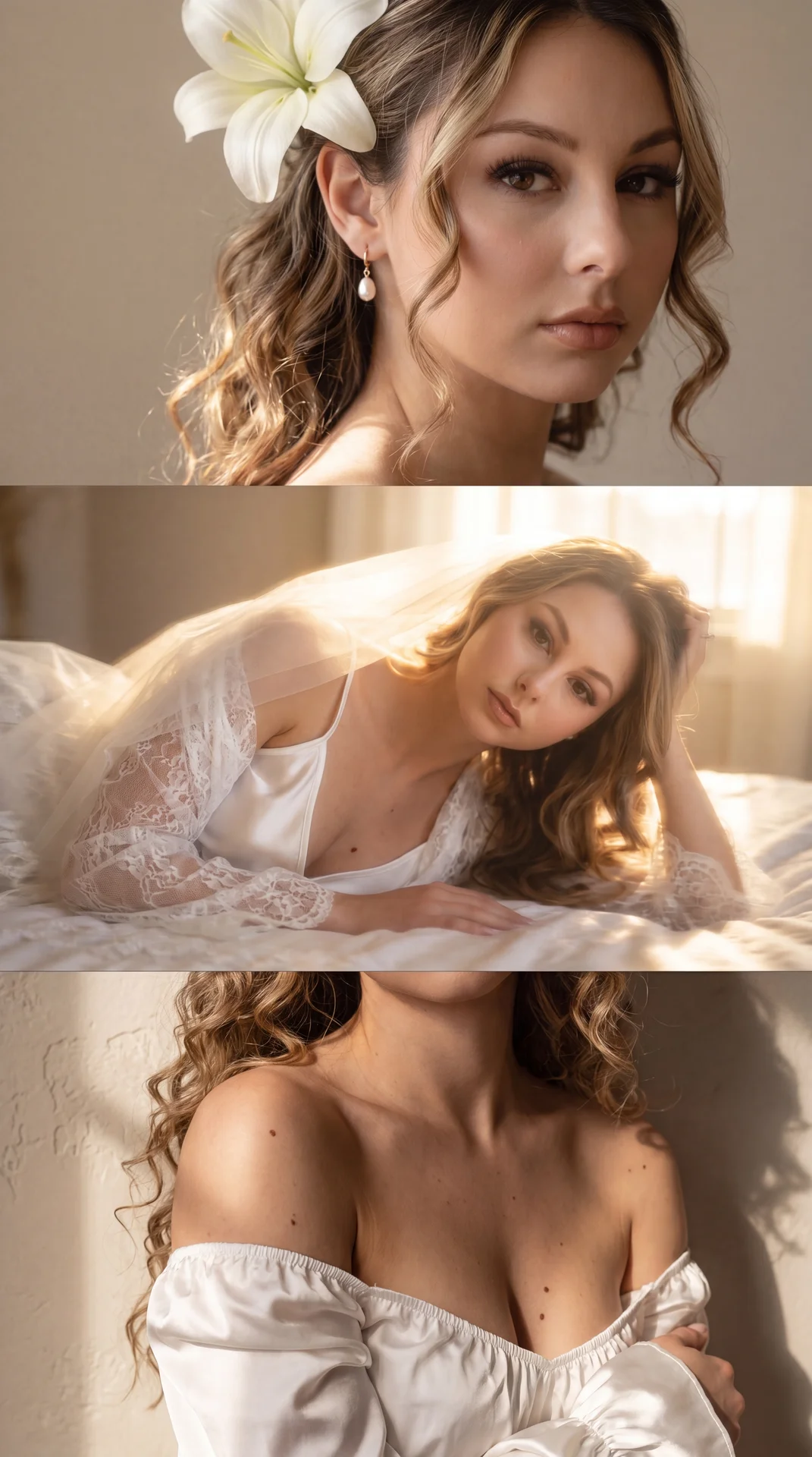 Three-panel vertical collage (overlapping horizontal stripes) from a dreamy wedding/boudoir shoot, shot on 35mm: **top strip** is a close-up of the young woman's curly hairstyle, similar to the reference photo, with loose locks and a white lily in her hai