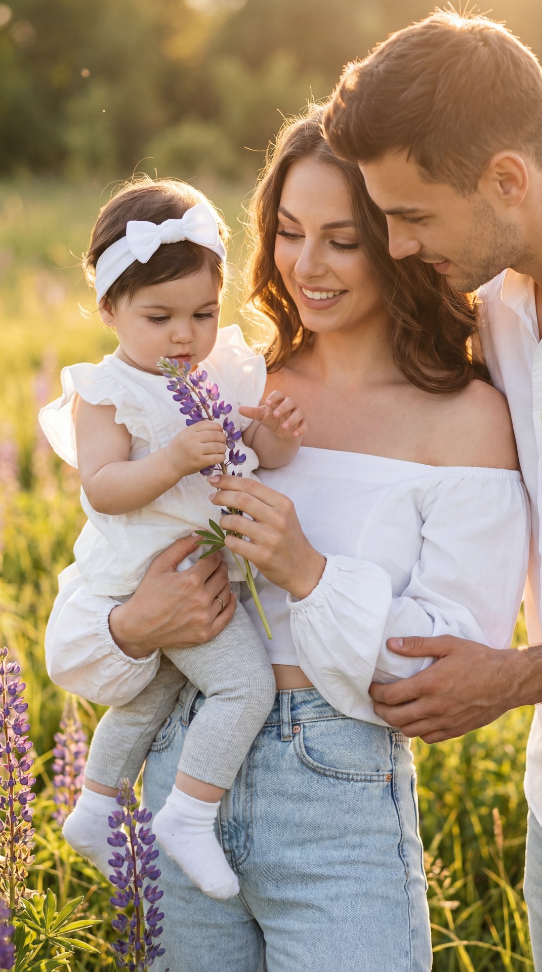 Golden-hour, professional portrait in a wildflower meadow; a young woman stands three-quarter to camera with a relaxed, upright figure, holding a baby on her left hip; her right hand lifts a stem of purple lupine to the baby’s chest level, fingers gently 