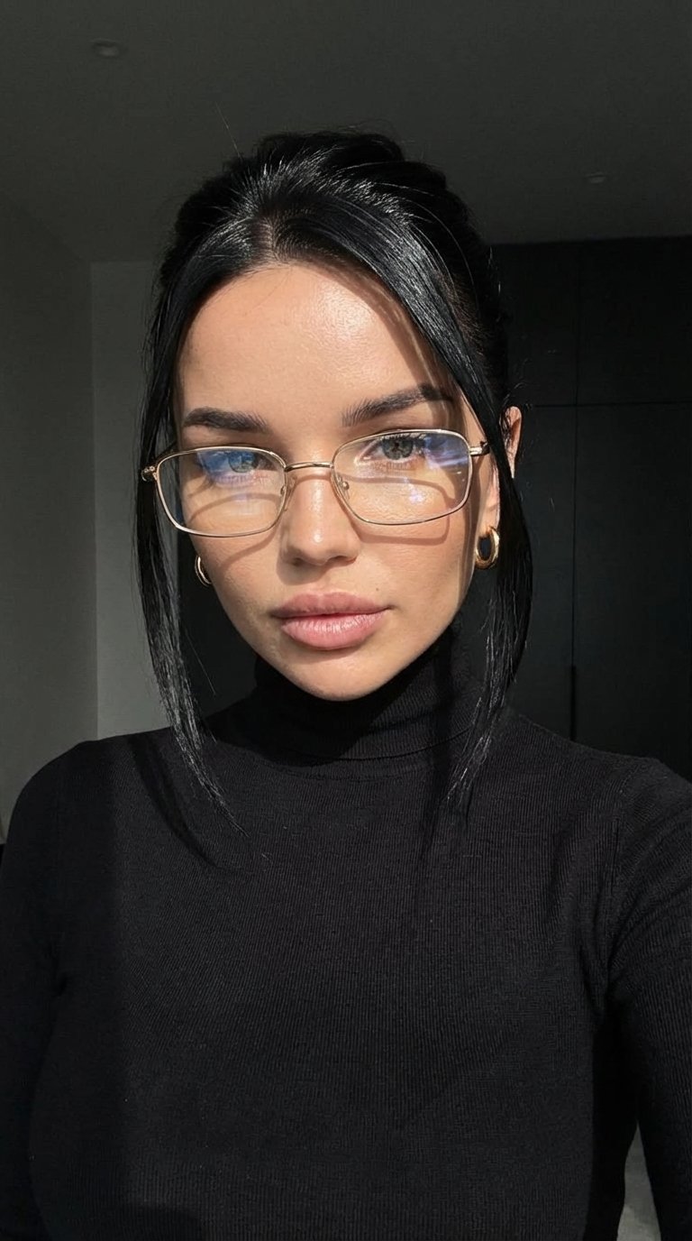 ultra realistic iPhone selfie, front camera, slight low angle from below, close-up (face + shoulders), handheld composition. head slightly tilted forward, chin down, direct gaze into camera, calm confident expression, natural lips. sleek updo, hair pulled