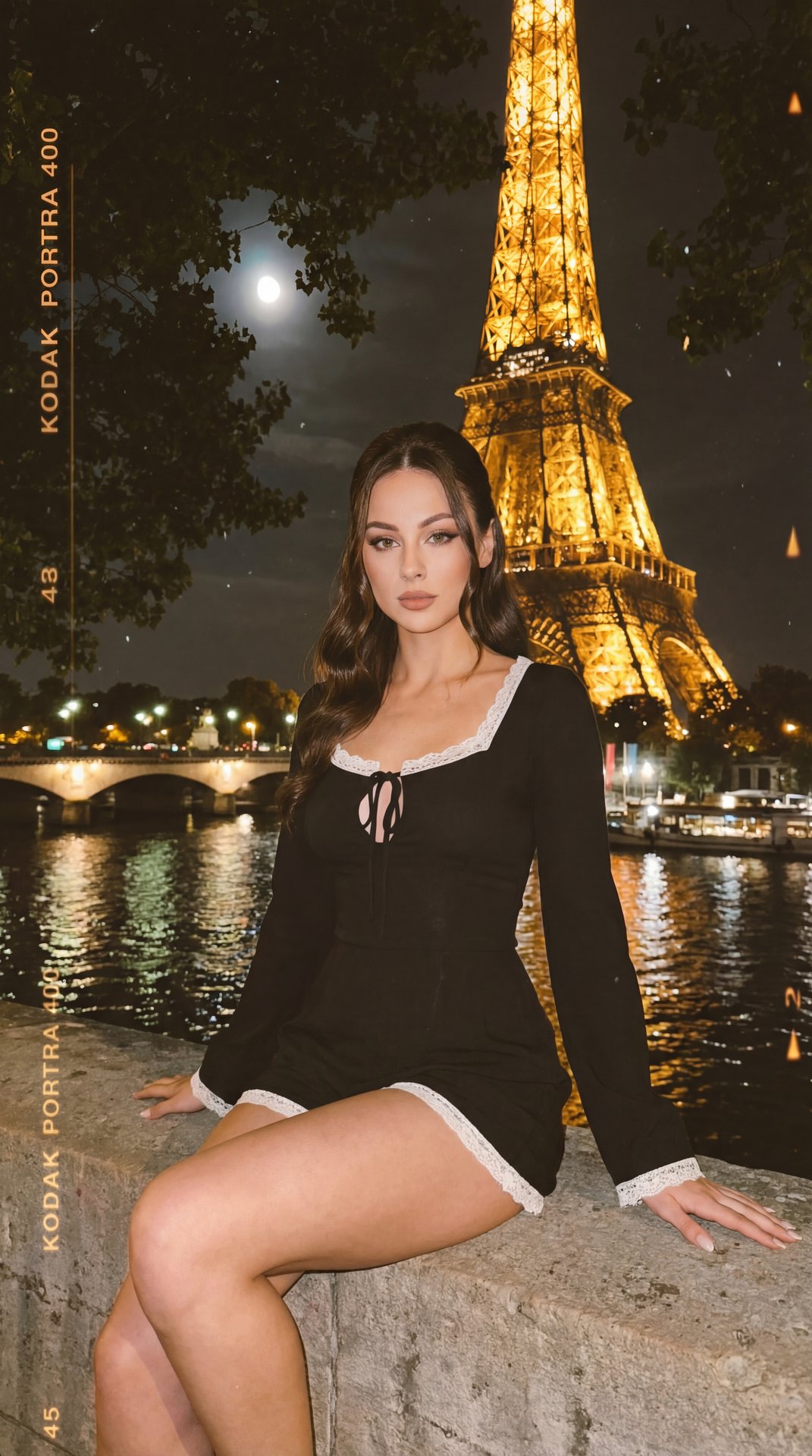 А girl, three-quarter shot, slightly low angle, professional DSLR look (35mm, wide aperture, crisp subject, soft bokeh), night by the Seine on a stone embankment, Eiffel Tower glowing warm gold behind, full moon through tree branches, reflections on water