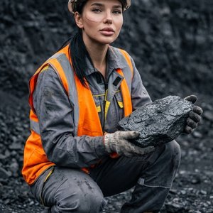 Фотореалистичный индустриальный портрет в вертикальном формате. Женщина запечатлена в рабочей среде — угольный карьер или промышленная зона. Она присела на корточки и держит в руках крупный кусок угля, демонстрируя его зрителю. Камера расположена чуть выш