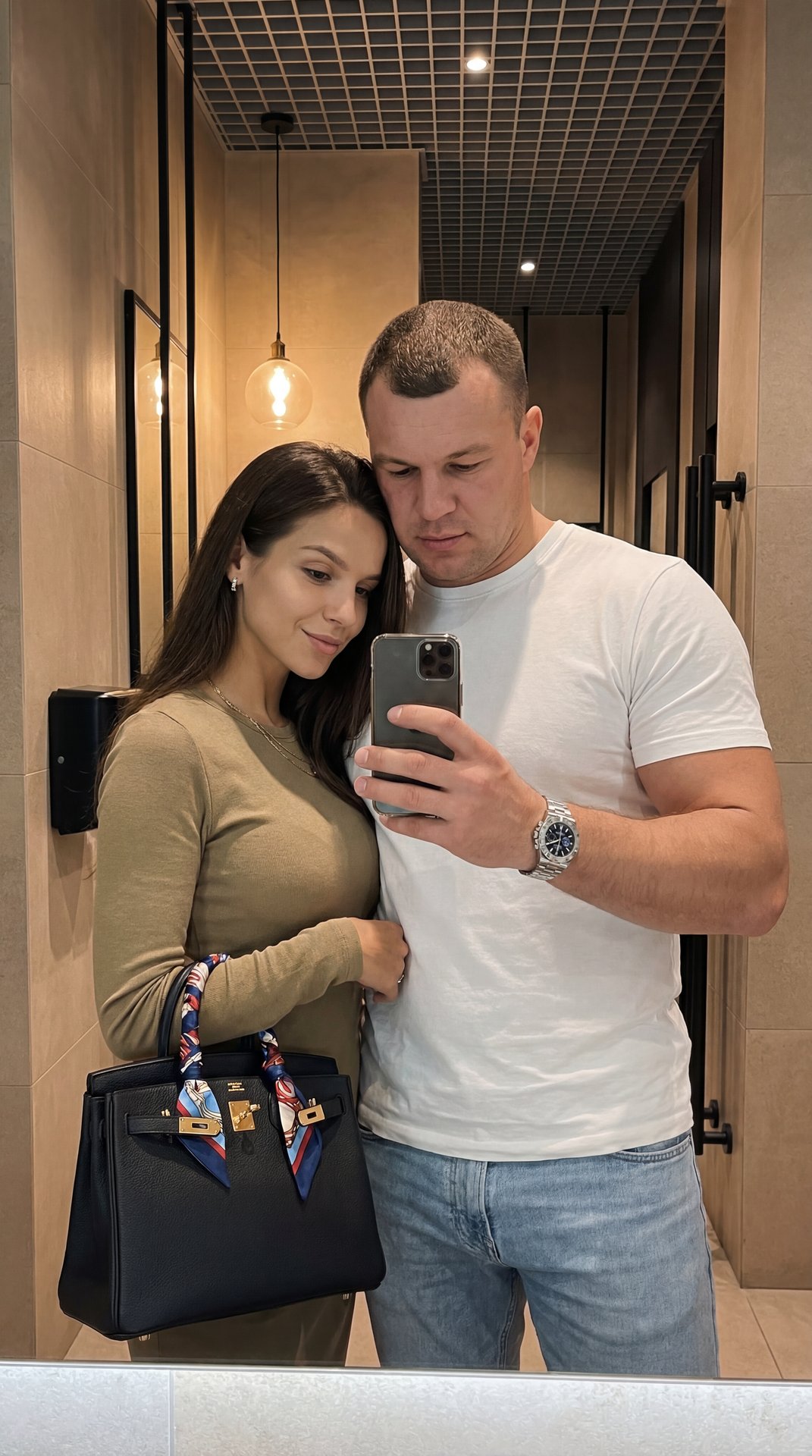 Фотореалистичная мобильная фотография в стиле повседневного lifestyle/социальных сетей: вертикальный портрет 4:5, зеркальное селфи пары в современном интерьере с теплой атмосферой. Композиция центральная и симметричная: два человека стоят вплотную, плечом
