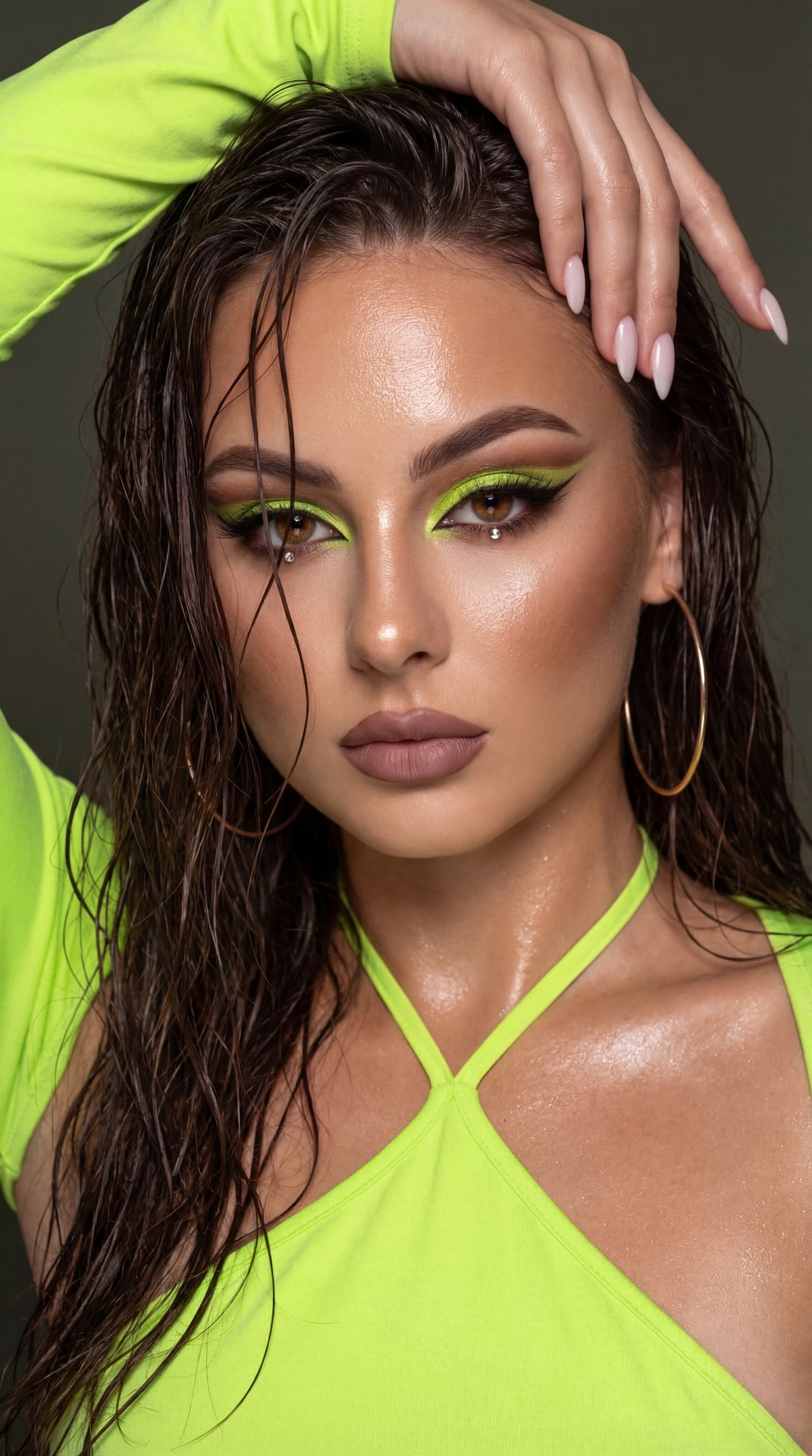 A girl captured in a high-end, professional beauty editorial close-up portrait with a "wet" and glamorous aesthetic.

Pose and Body Language: The frame captures her from the chest up. She is posing with her left arm (viewer's right) raised high above her 