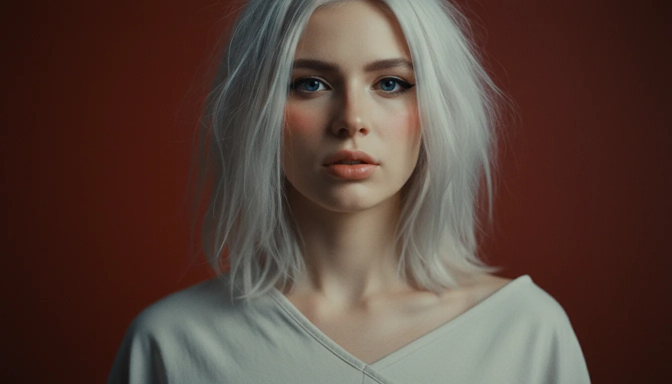 very aesthetic 1girl, solo, blue eyes, white hair, messy hair, shoulder length hair, parted lips, blush, nose blush, parted lips, black eyeliner, makeup, close up, portrait, subject focus, looking at viewer, soft skin texture, natural skin detail, asymmet