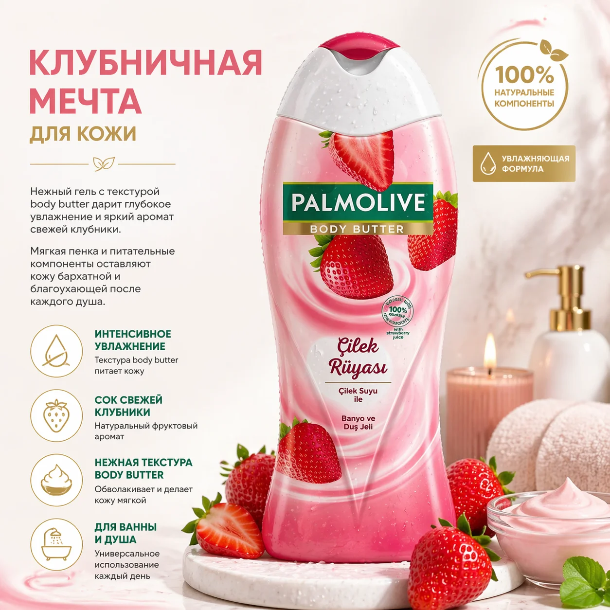 • Название и категория товара:
  – Palmolive Body Butter / душевой гель «Çilek Rüyası» (Клубничная мечта). Категория: уход за телом — ароматный увлажняющий гель/боди-баттер для душа.
• Целевая аудитория и главное настроение (vibe):
  – Целевая аудитория: 