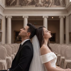 Cinematic museum wedding, professional photo: grand art gallery with sepia classical mural and columns, rows of beige-covered chairs; two adults seated back-to-back (groom left, bride right) on upholstered chairs, shoulders touching; medium shot (waist-up