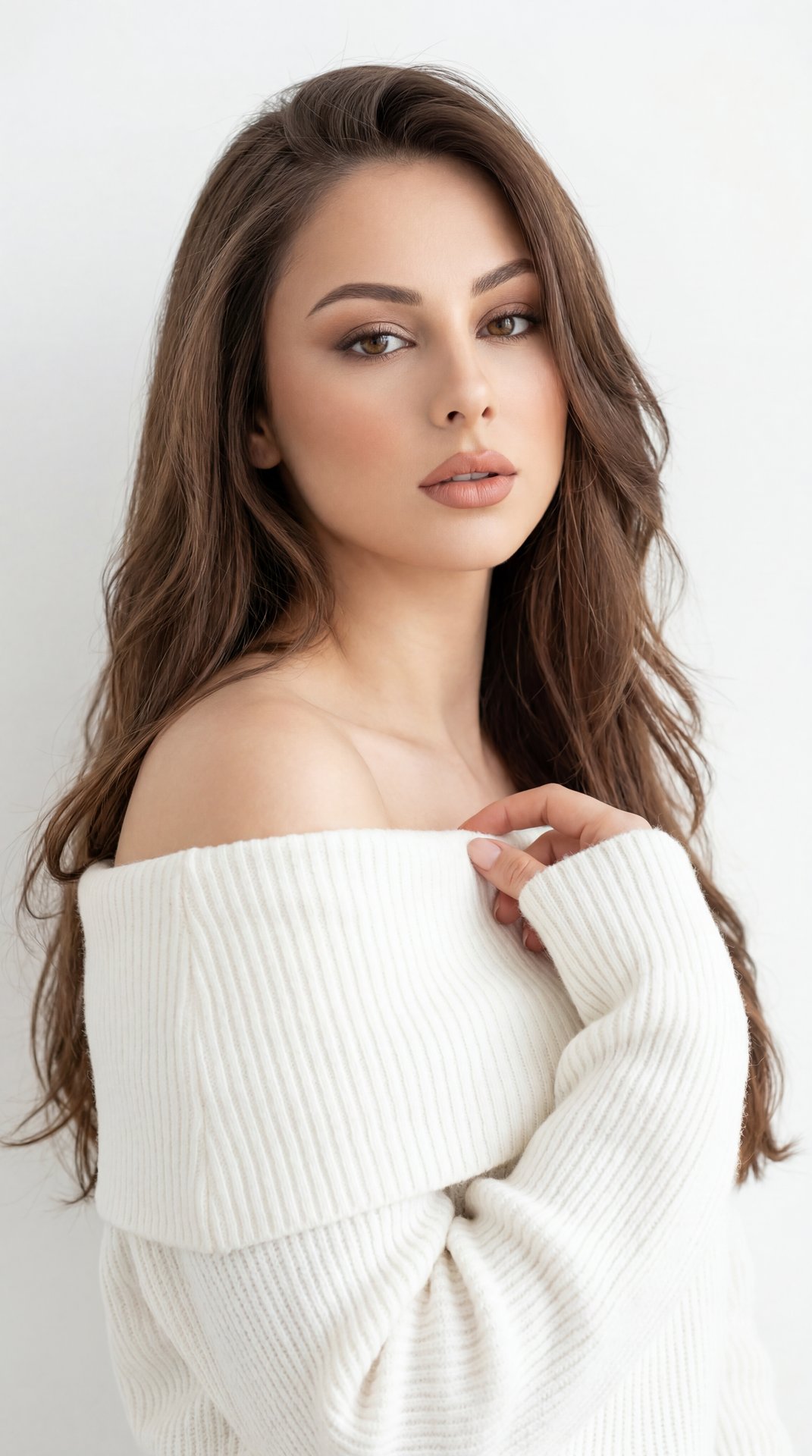 Professional studio portrait, medium close-up (head-and-shoulders), eye-level camera, slight three-quarter angle; indoor minimalist setting with a seamless white wall; high-key look, soft diffused light from camera-left with gentle fill from right, shallo