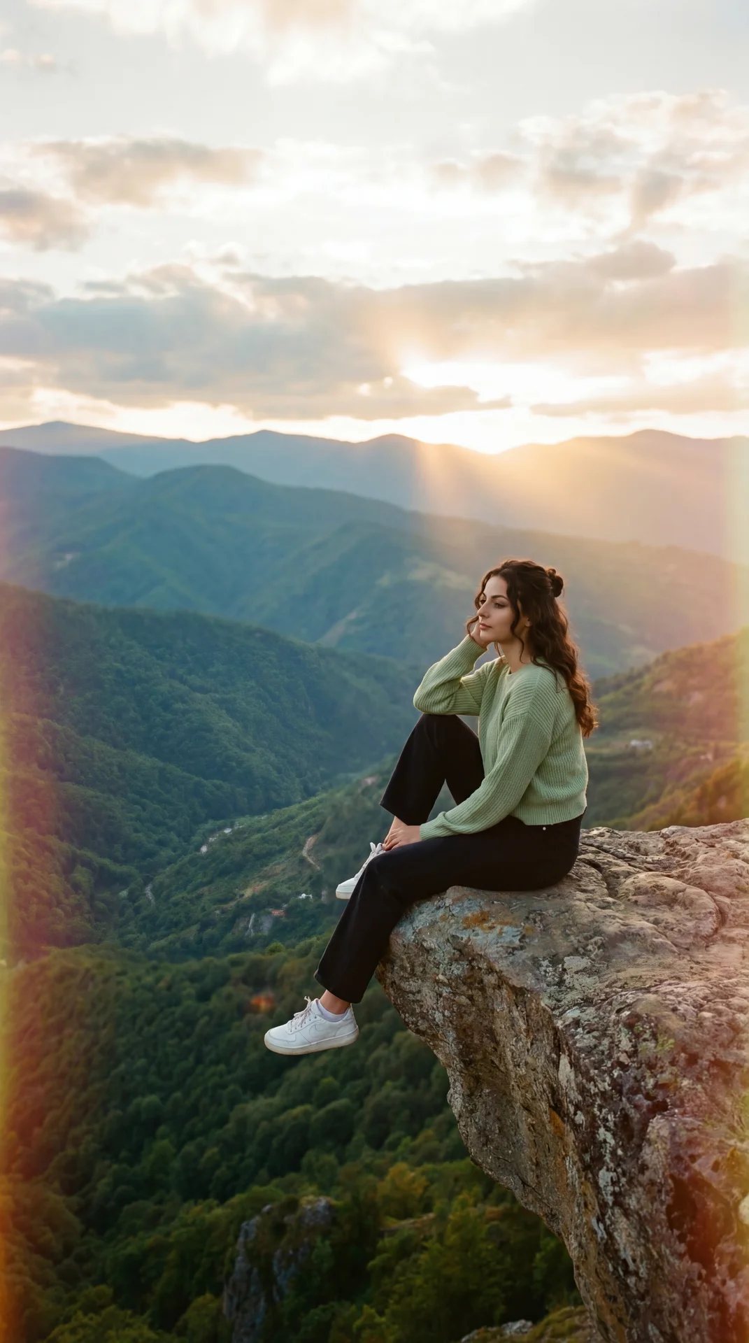 The image depicts a breathtaking mountainous landscape under an overcast sky filled with thick, gray clouds. A person is sitting on the edge of a prominent rock formation that juts out like a natural platform. The individual is wearing a light green sweat