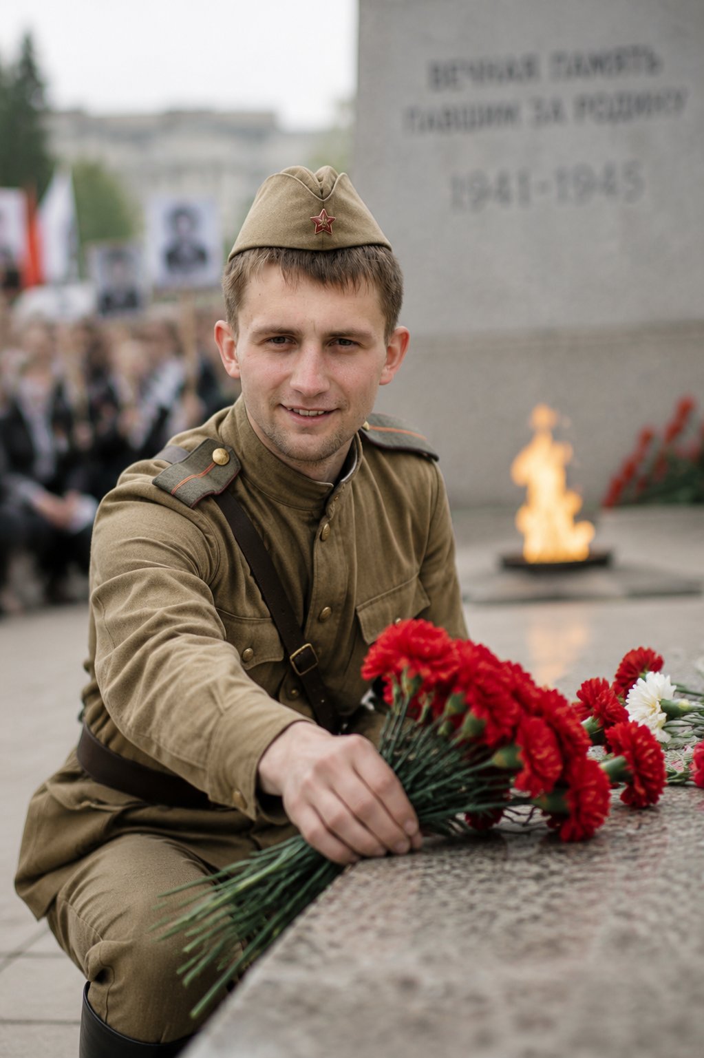 Солдат в форме 2й мировой войны возлагает букет гвоздик на могилу павшим войнам. Фото сфокусировано на лице. Задний фон размытый с толпой людей на фоне памятника. Фото лица возьми из фотографии. Сходство лица 100%