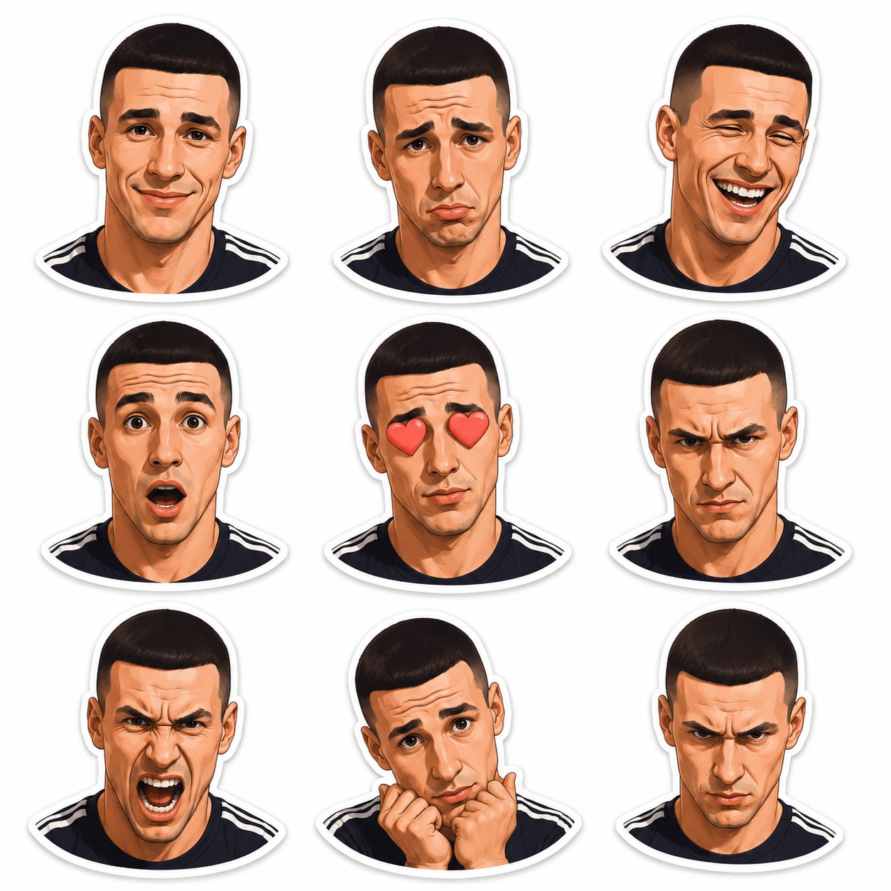 A sticker pack sheet of a [парень как на референсной фотографии], expressing different emotions: [радость, грусть, смех, удивление, влюбленность, злость, гнев, милая], [3D], white background, die-cut stickers with thick white borders, character design she