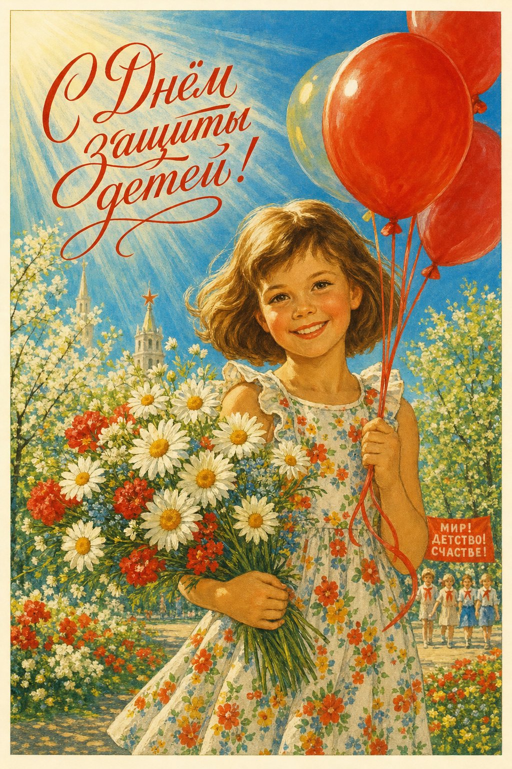 Открытка девочка с букетом