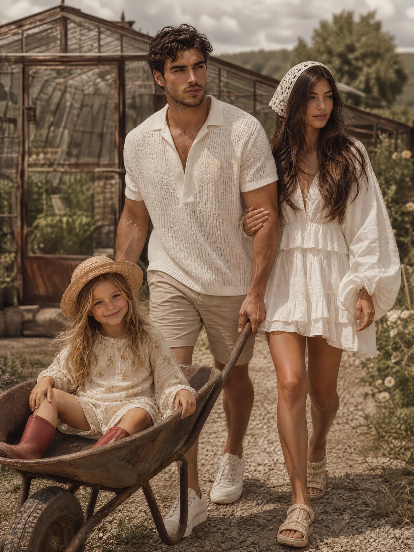 Cinematic wide shot vintage country aesthetic, family walking. Father wearing white textured knit polo, beige shorts, white sneakers. Mother wearing white linen ruffle mini dress, voluminous sleeves, white crocheted headscarf. Daughter wearing beige linen