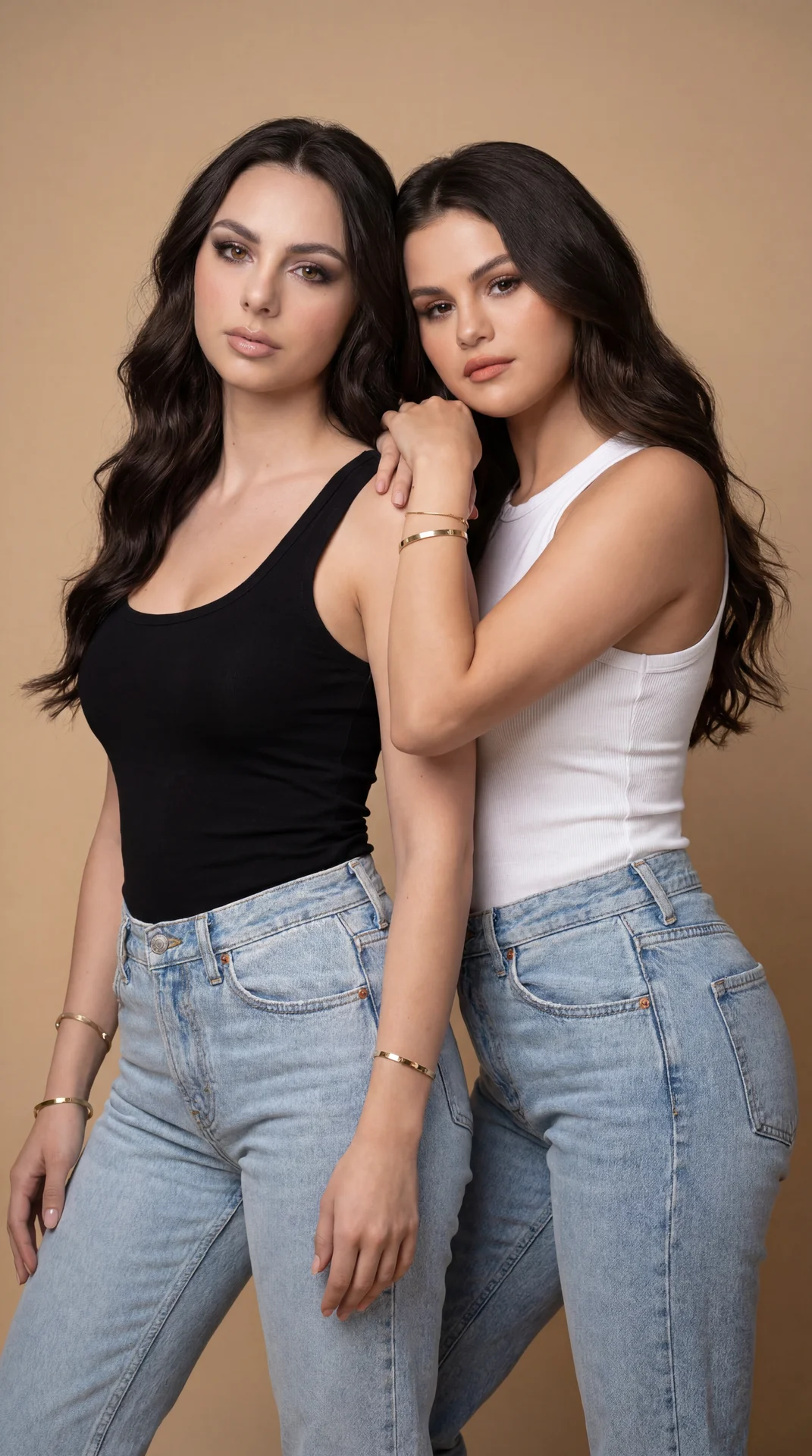 Two models in a minimal studio against a warm beige seamless backdrop, professional vertical medium shot (waist-up), eye-level camera, slight three-quarter angle from camera right, shallow depth of field with creamy background bokeh and subtle vignette. L