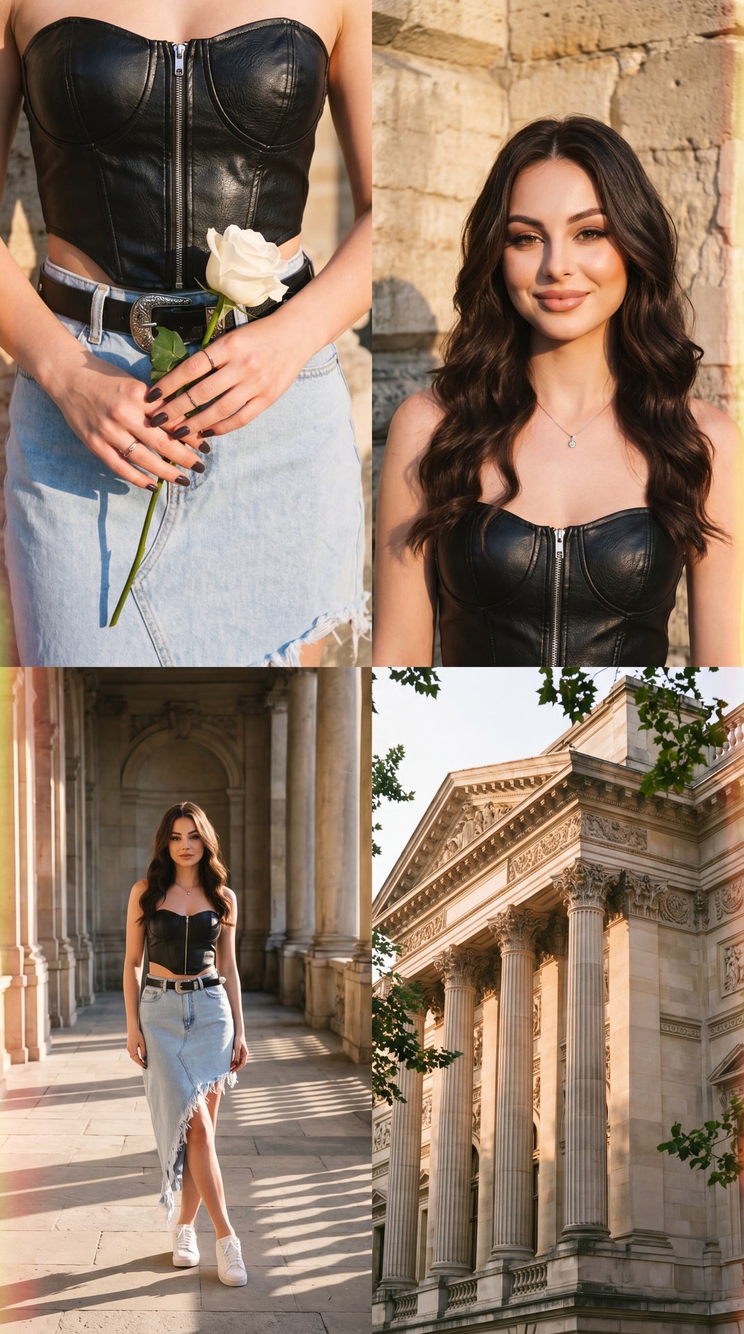 The image is a collage of four photographs, each capturing different elements of a scene. 

1. **Top Left**: This close-up shows a person wearing a black long-sleeve top, holding a white rose. The hands are adorned with simple rings and short, dark-colore