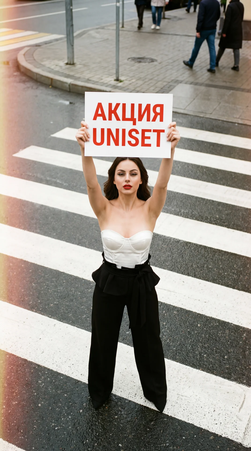 А girl on a city crosswalk, full-body long shot from a high overhead angle (professional camera, slight telephoto compression), natural daylight with soft overcast; she stands centered on bold white zebra stripes, feet hip-width apart, spine upright, shou