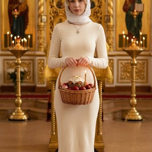Сохрани мои черты лица и цвет волос, максимально сохрани сходство. Одна женщина стоит лицом к камере и спокойно позирует, держит в руках плетеную корзину с пасхальными угощениями. Волосы уложены мягкими локонами, легкий вечерний макияж, аккуратный классич